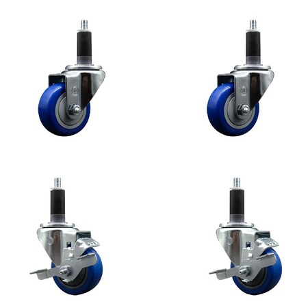 Service Caster 3'' SS Blue Poly Wheel Swivel 1-1/8'' Expanding Stem Caster Set 2 Brakes, 4PK SCC-SSEX20S314-PPUB-BLUE-2-TLB-2-118
